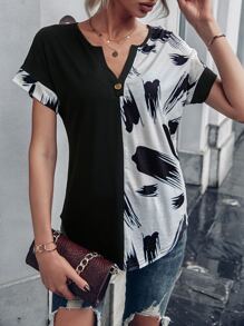SHEIN LUNE Brush Print Batwing Sleeve Tee - Black and White - View 3