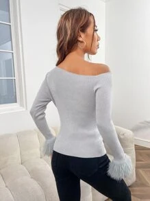 SHEIN Privé Áo len nữ Bất đối xứng Tương phản lông thú giả Gân đan màu trơn Thanh lịch - Màu Xám nhạt - Xem 2