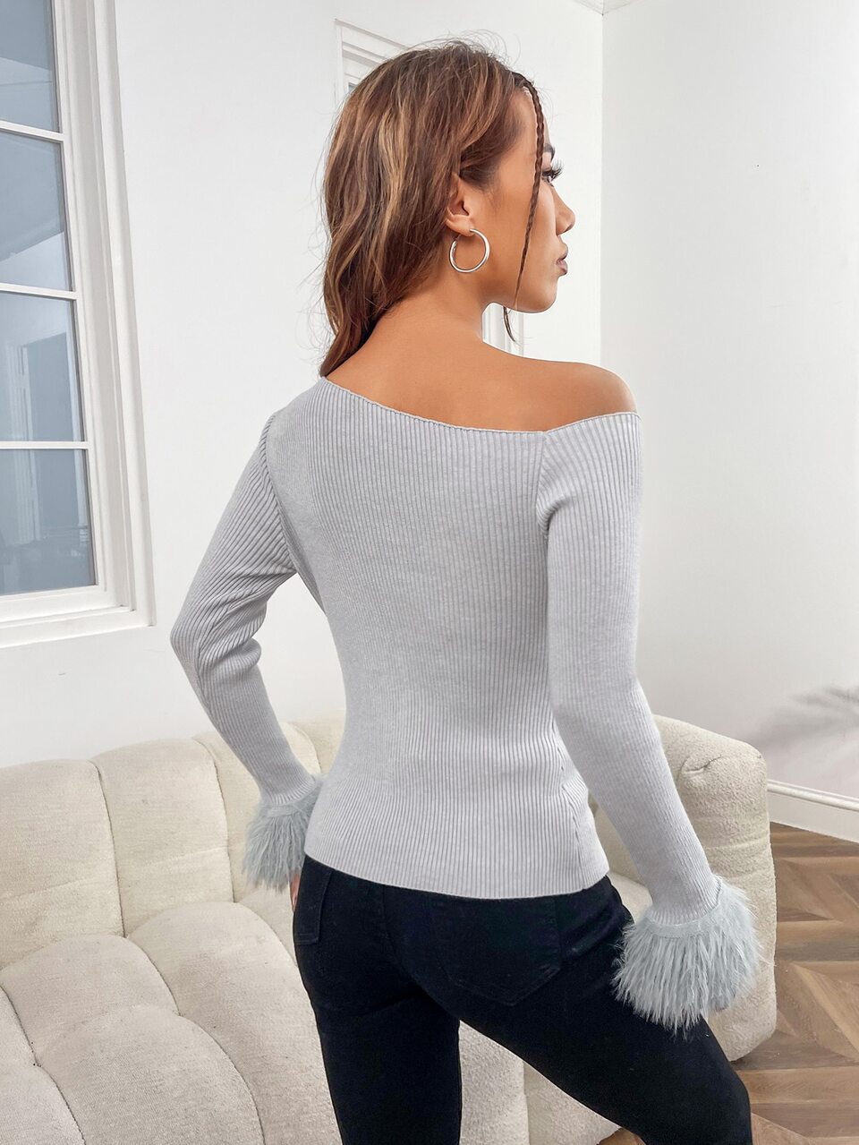 Asymmetrical Neck Fuzzy Cuff Ribbed Knit Sweater