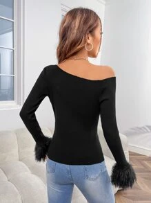 SHEIN Privé Asymmetrical Neck Fuzzy Cuff Ribbed Knit Jumper - Black - View 2