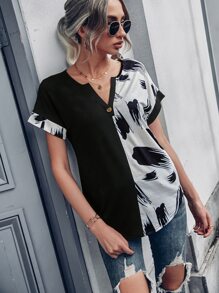 SHEIN LUNE Brush Print Batwing Sleeve Tee - Black and White - View 4