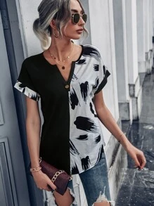 SHEIN LUNE Brush Print Batwing Sleeve Tee - Black and White - View 5