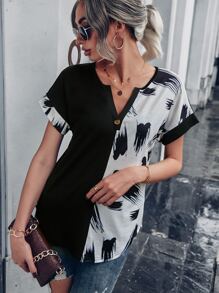 SHEIN LUNE Brush Print Batwing Sleeve Tee - Black and White - View 6