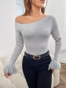 SHEIN Privé Áo len nữ Bất đối xứng Tương phản lông thú giả Gân đan màu trơn Thanh lịch - Màu Xám nhạt - Xem 5