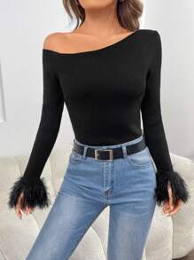 SHEIN Privé Asymmetrical Neck Fuzzy Cuff Ribbed Knit Jumper - Black - View 5