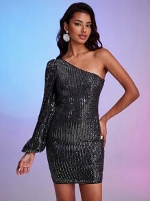 SHEIN BAE One Shoulder Sequins Bodycon Dress