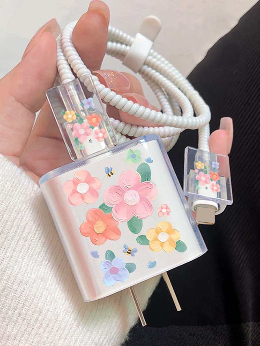 5pcs 1.5M Flower Print Data Cable Wrap Protector Set - Clear - View 1