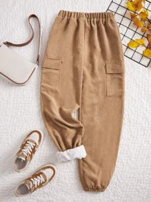 SHEIN 青少年女孩彈性腰帶保暖燈芯絨工裝褲