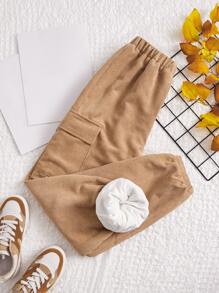 SHEIN 青少年女孩彈性腰帶保暖燈芯絨工裝褲