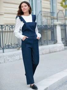SHEIN Frenchy Slant Pocket Ruffle Trim Overall Jumpsuit Without Top - Navy Blue - View 1