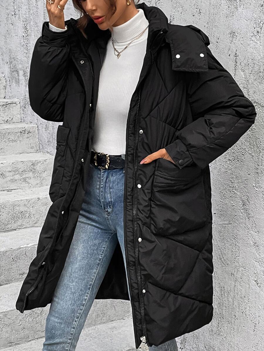 SHEIN EZwear Casual Solid Color Hooded Padded Padded Coat, Versatile For Winter Clothes - Black - View 1