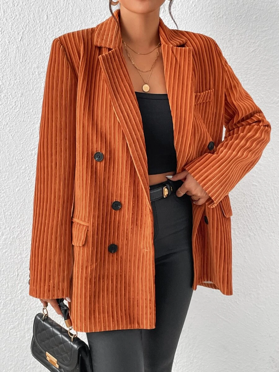 SHEIN Unity Solid Flap Detail Double Breasted Blazer - Burnt Orange - View 1