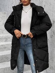 SHEIN EZwear Casual Solid Color Hooded Padded Padded Coat, Versatile For Winter Clothes - Black - View 3