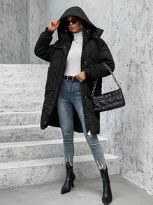 SHEIN EZwear Casual Solid Color Hooded Padded Padded Coat, Versatile For Winter Clothes - Black - View 4