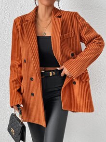 SHEIN Unity Solid Flap Detail Double Breasted Blazer - Burnt Orange - View 4