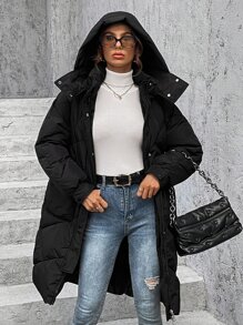 SHEIN EZwear Casual Solid Color Hooded Padded Padded Coat, Versatile For Winter Clothes - Black - View 5