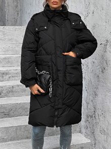 SHEIN EZwear Casual Solid Color Hooded Padded Padded Coat, Versatile For Winter Clothes - Black - View 6