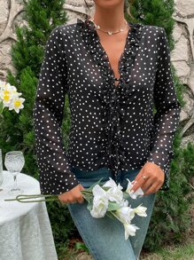 SHEIN LUNE Polka Dot Print Tie Front Ruffle Trim Flounce Sleeve Blouse - Black - View 1