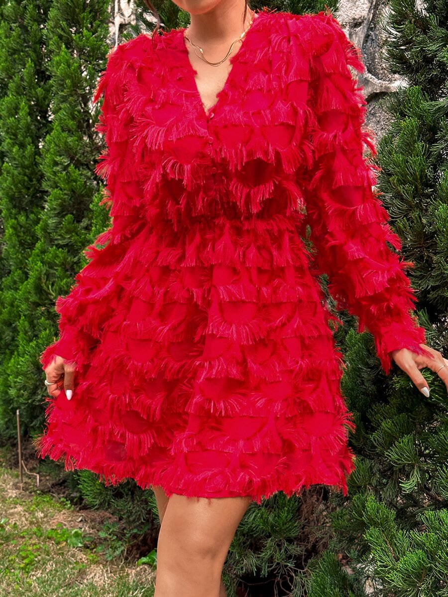 Fringe Trim Surplice Neck Dress - Red - View 1