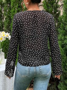 SHEIN LUNE Polka Dot Print Tie Front Ruffle Trim Flounce Sleeve Blouse - Black - View 2