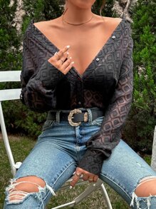 Aveloria Camisa unicolor bajo curvo con botón delantero - Negro - Ver 3