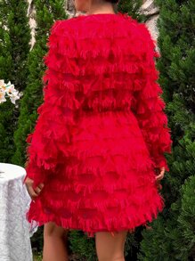 Fringe Trim Surplice Neck Dress - Red - View 2