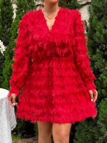 Fringe Trim Surplice Neck Dress - Red - View 4