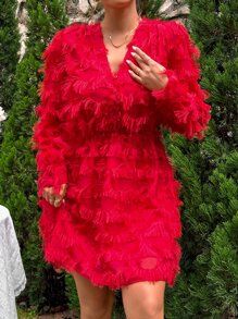 Fringe Trim Surplice Neck Dress - Red - View 5