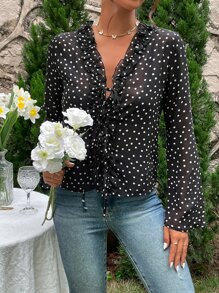 SHEIN LUNE Polka Dot Print Tie Front Ruffle Trim Flounce Sleeve Blouse - Black - View 6