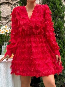 Fringe Trim Surplice Neck Dress - Red - View 6