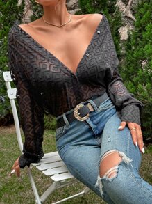 Aveloria Camisa unicolor bajo curvo con botón delantero - Negro - Ver 7