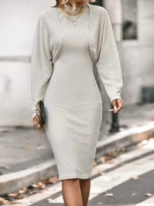 SHEIN Privé Bộ đồ hai mảnh nữ Gân đan màu trơn Giải trí - Màu be - Xem 4