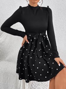 SHEIN Frenchy Đầm viền lá sen Chấm bi Giải trí - màu đen - Xem 3