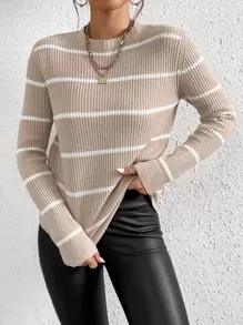 SHEIN Frenchy Jersey con patrón de rayas de cuello alto - Caqui - Ver 3