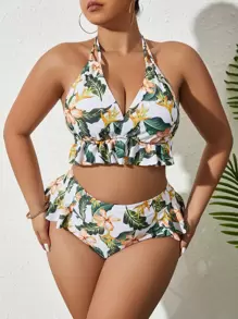 SHEIN Swim Curve Große Größe Bikini Set mit tropischem Muster und Rüschen Saum für den Sommer am Strand