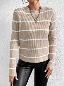 SHEIN Frenchy Jersey con patrón de rayas de cuello alto - Caqui - Ver 5