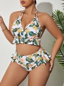 SHEIN Swim Curve Große Größe Bikini Set mit tropischem Muster und Rüschen Saum für den Sommer am Strand