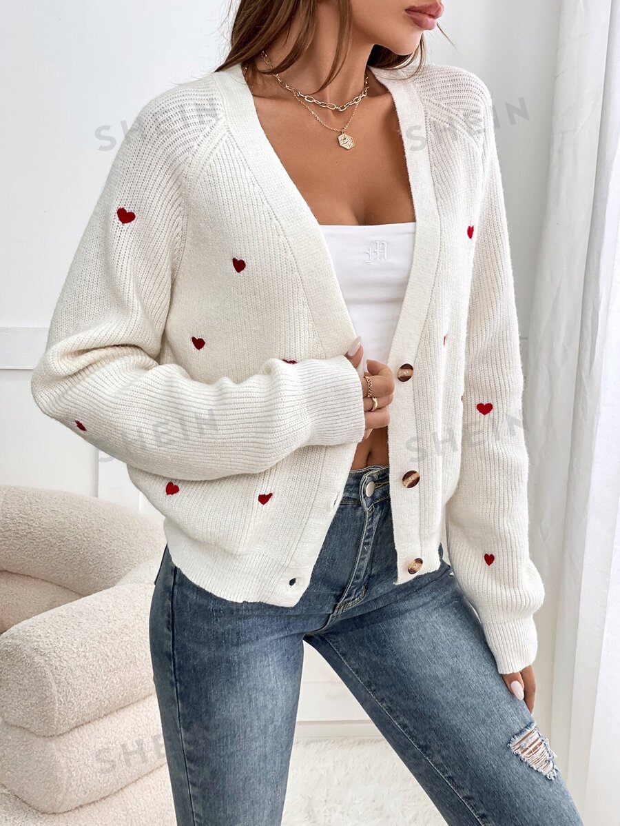 SHEIN Frenchy Heart Embroidery Button Front Cardigan SHEIN USA
