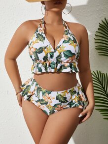 SHEIN Swim Curve Große Größe Bikini Set mit tropischem Muster und Rüschen Saum für den Sommer am Strand