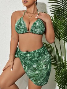 大尺碼全印花三角背心比基尼套裝，附海灘裙，夏日沙灘必備 - 綠色 - 查看 1