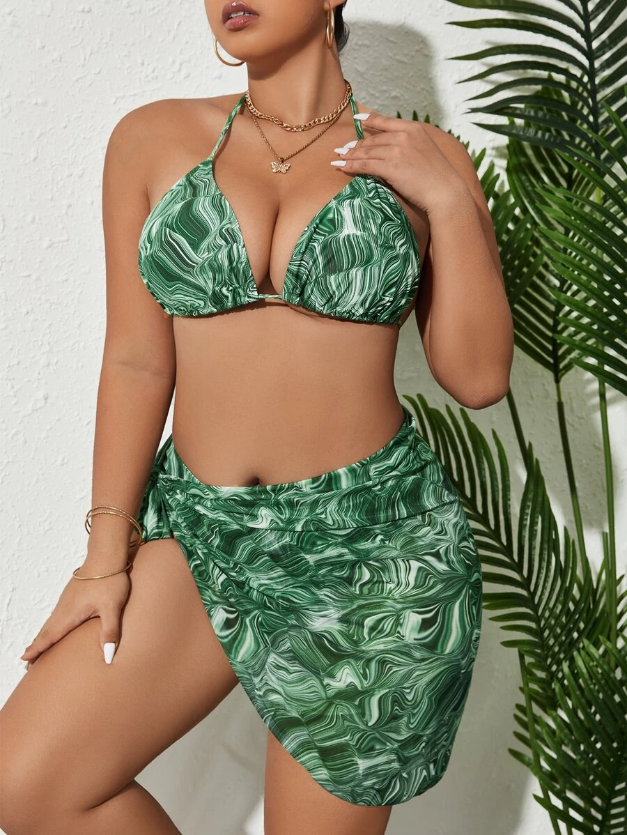 大尺碼全印花三角背心比基尼套裝，附海灘裙，夏日沙灘必備 - 綠色 - 查看 1