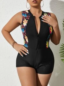 SHEIN Swim Curve Plus Tropical Print Zip Front One Piece Swimsuit - Black - View 1