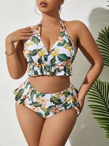 SHEIN Swim Curve Große Größe Bikini Set mit tropischem Muster und Rüschen Saum für den Sommer am Strand