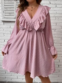 SHEIN Clasi Plus Swiss Dot Ruffle Trim Flounce Sleeve Overlap Collar Dress - Dusty Pink - View 4