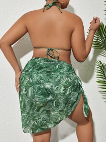 大尺碼全印花三角背心比基尼套裝，附海灘裙，夏日沙灘必備 - 綠色 - 查看 2