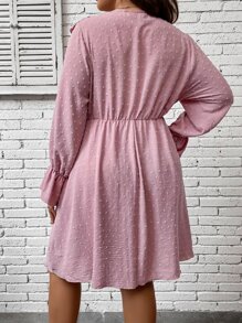 SHEIN Clasi Plus Swiss Dot Ruffle Trim Flounce Sleeve Overlap Collar Dress - Dusty Pink - View 3