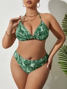 大尺碼全印花三角背心比基尼套裝，附海灘裙，夏日沙灘必備 - 綠色 - 查看 3