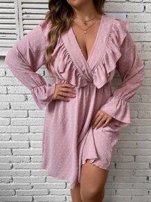 SHEIN Clasi Plus Swiss Dot Ruffle Trim Flounce Sleeve Overlap Collar Dress - Dusty Pink - View 2