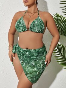 大尺碼全印花三角背心比基尼套裝，附海灘裙，夏日沙灘必備 - 綠色 - 查看 4
