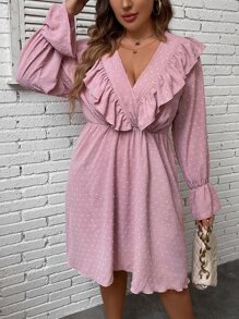 SHEIN Clasi Plus Swiss Dot Ruffle Trim Flounce Sleeve Overlap Collar Dress - Dusty Pink - View 5